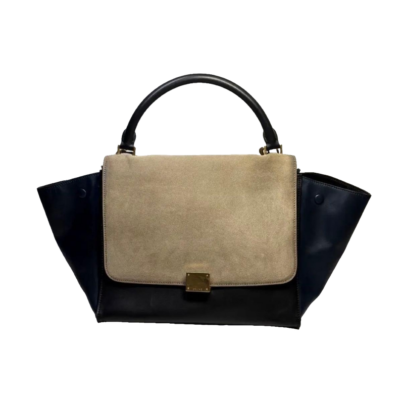 Celine Handbag Medium Black Blue Beige Trapeze Tri-Color Leather Suede