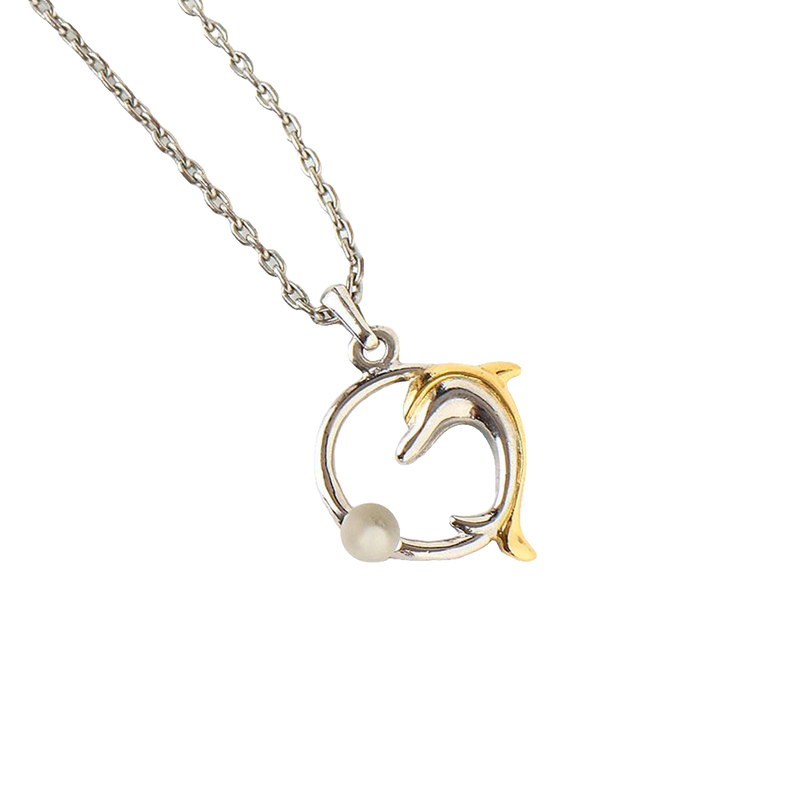 Courreges Necklace Silver Dolphin Pendant Two-Tone Gold Accent AC Logo Vintage