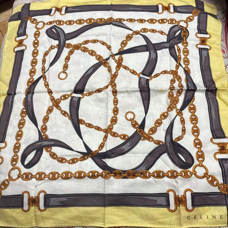 CELINE carrée en coton jaune et blanc moyen, motif ceinture à chaîne vintage