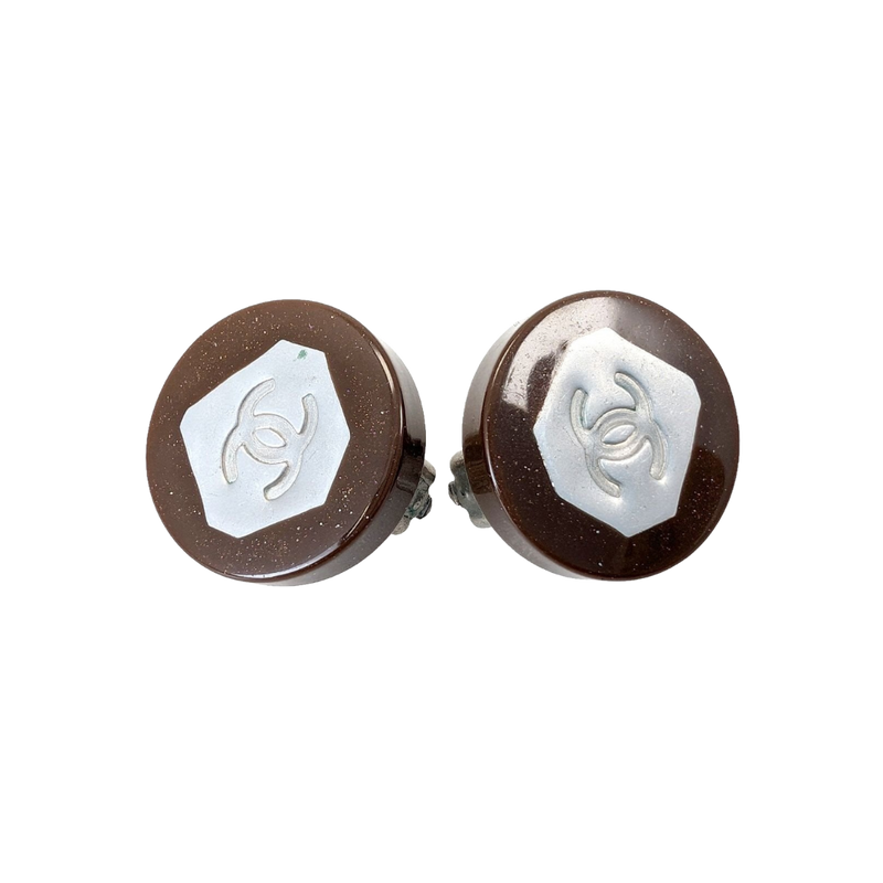 Chanel Earrings Brown Silver Vintage 1999 Spring Collection Clip-On CC Logo