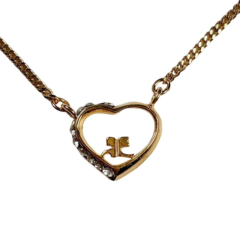 Courreges Necklace Gold Heart Pendant Rhinestone Logo Chain Vintage
