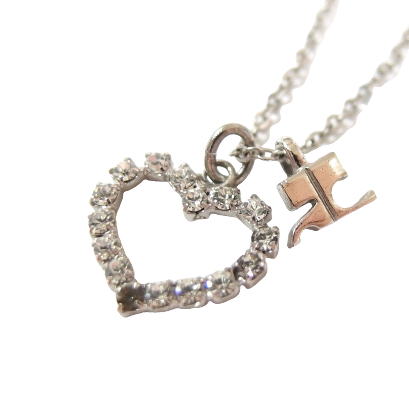 Courreges Necklace Silver Heart Rhinestone Logo Pendant Vintage