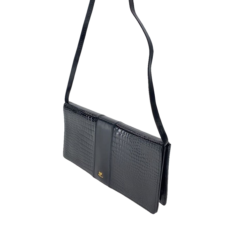 COURRÈGES Pochette bandoulière cuir effet croco noir logo doré