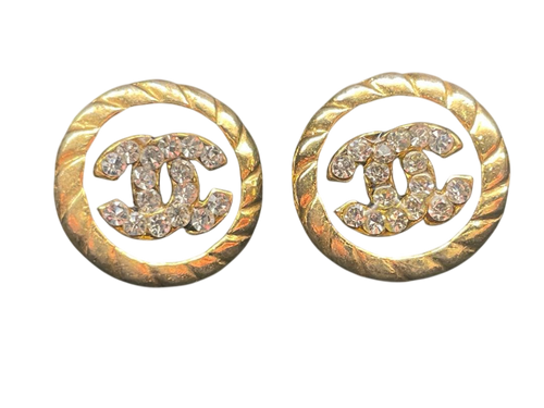 CHANEL Boucles d'oreilles clips or CC strass cristal avec boîte