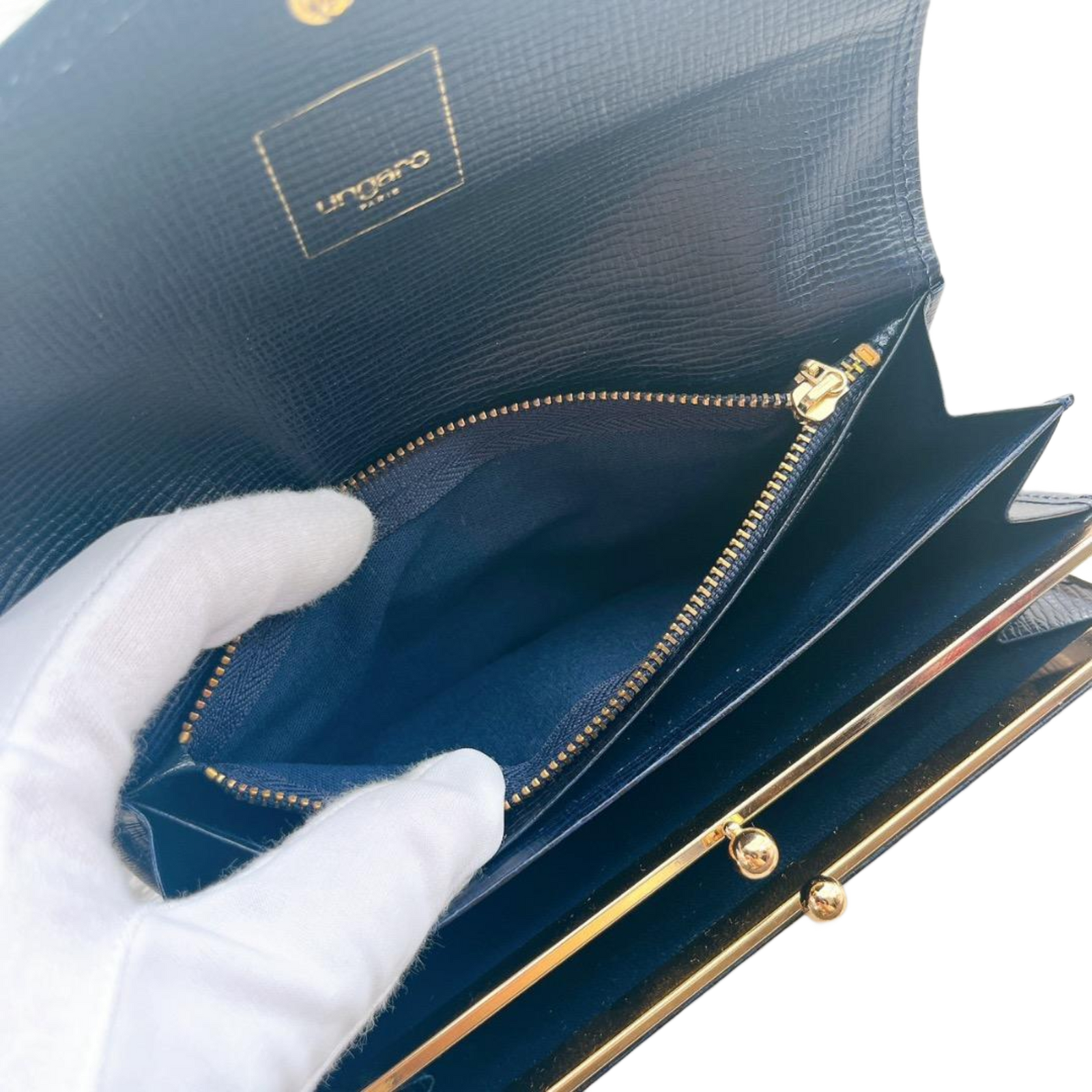 UNGARO Portefeuille Long Cuir bleu Marine / noir Fermoir Doré