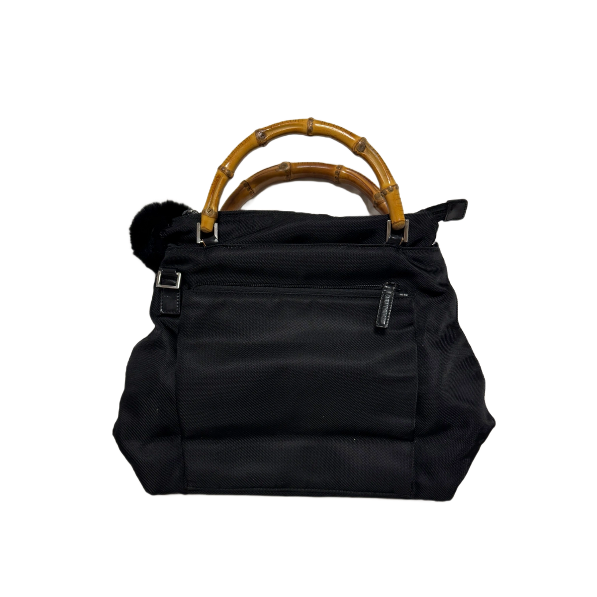 GUCCI Sac nylon noir bambou Gucci & pompon fourrure