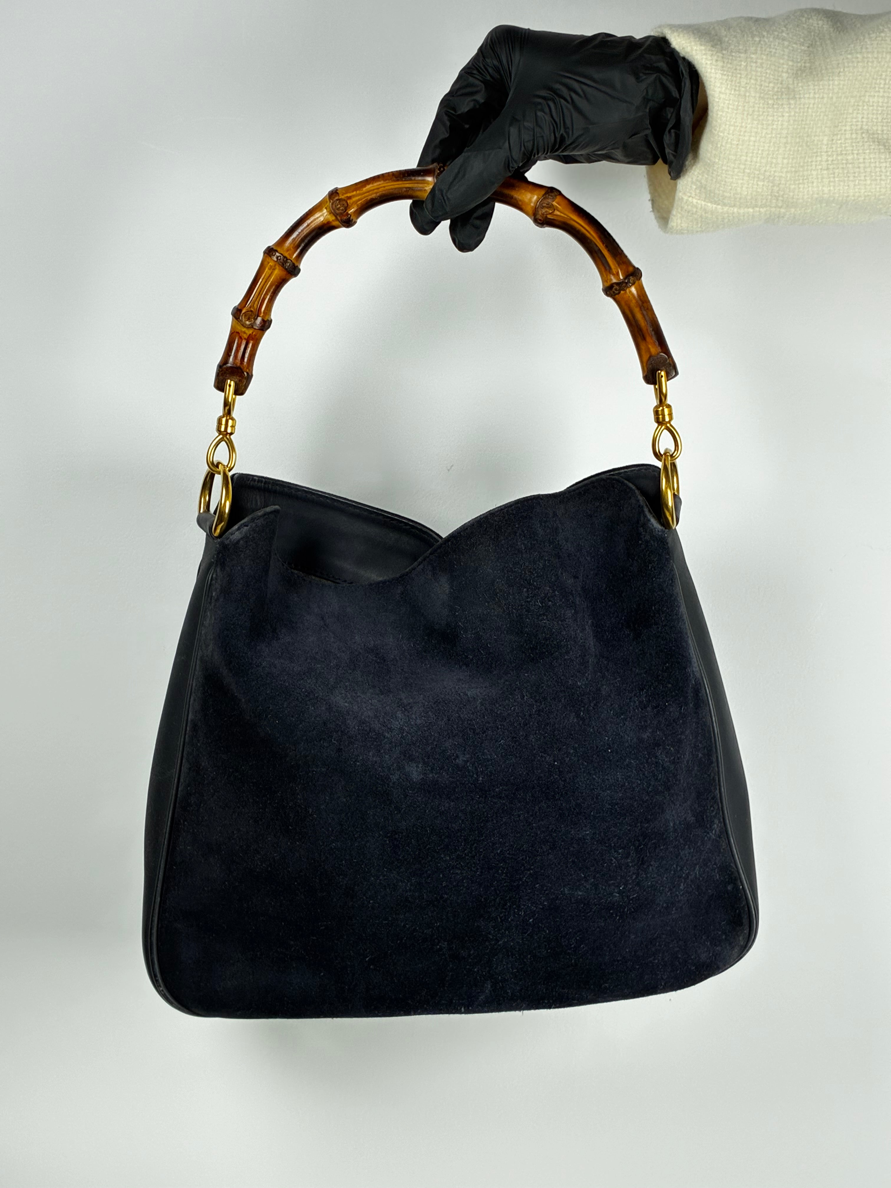 Gucci Sac Bamboo en daim bleu nuit et cuir noir