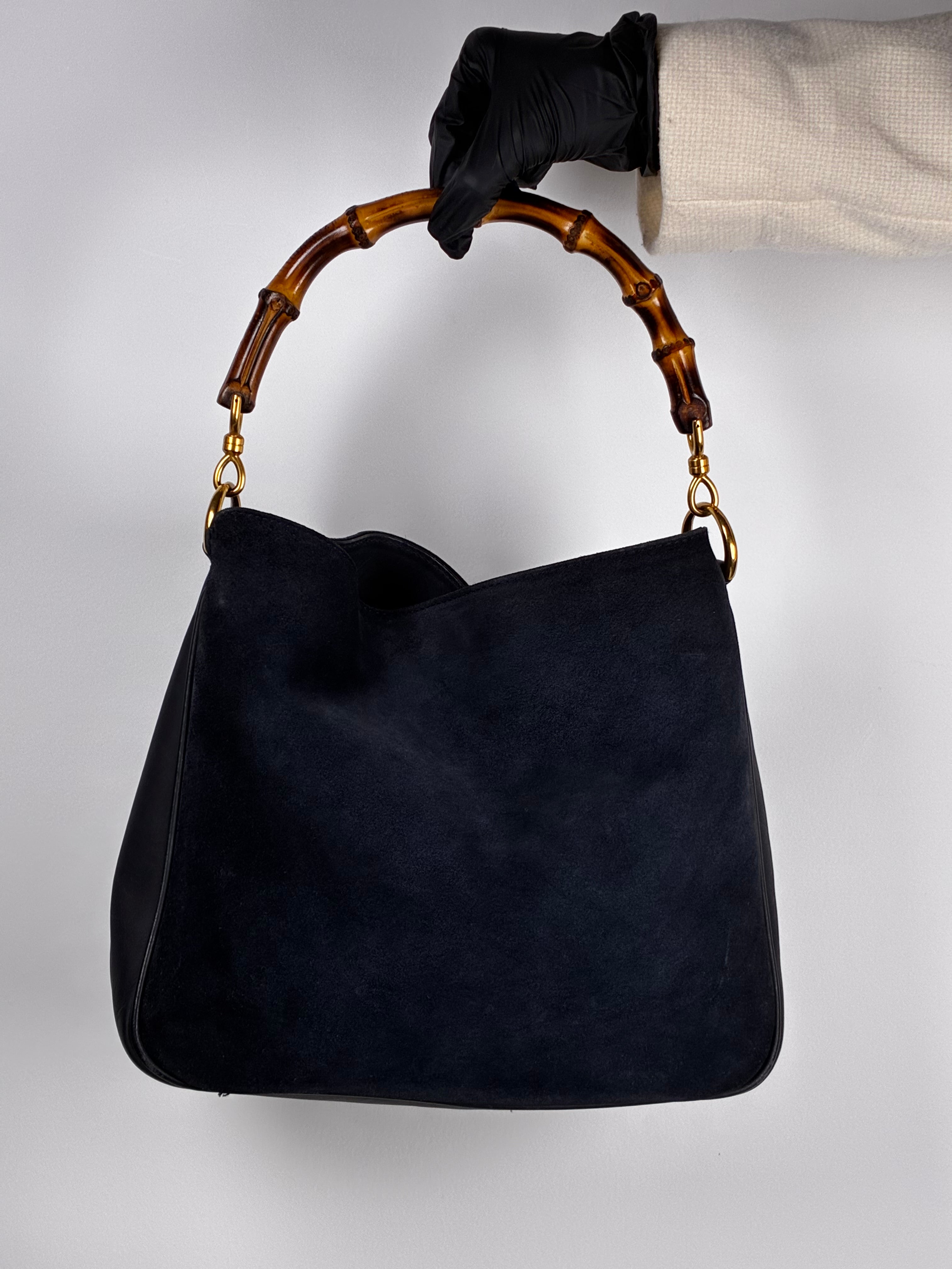 Gucci Sac Bamboo en daim bleu nuit et cuir noir