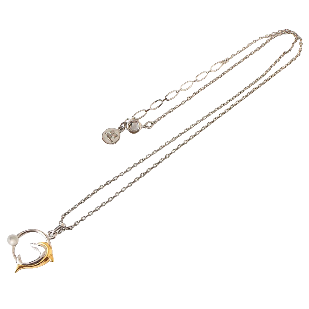 Courreges Necklace Silver Dolphin Pendant Two-Tone Gold Accent AC Logo Vintage