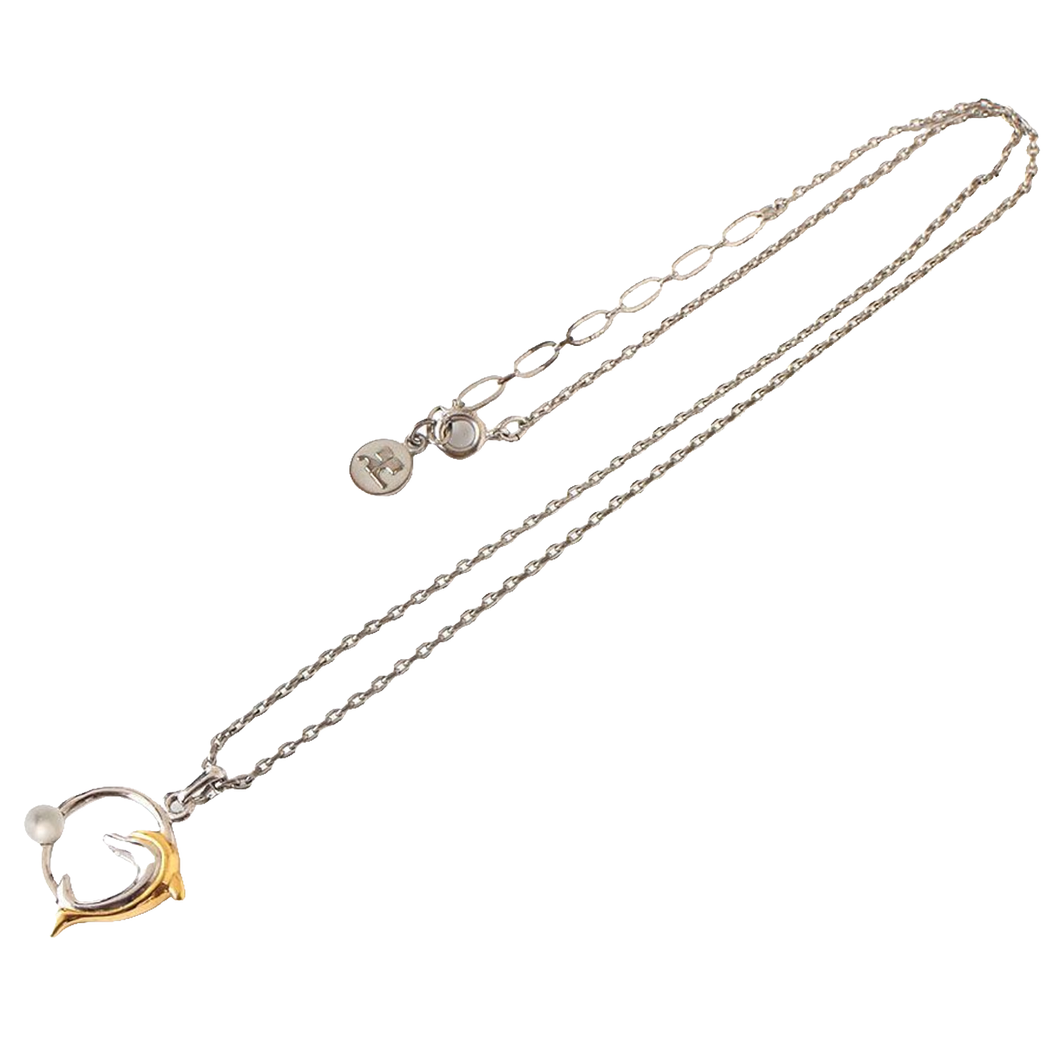 Courreges Necklace Silver Dolphin Pendant Two-Tone Gold Accent AC Logo Vintage