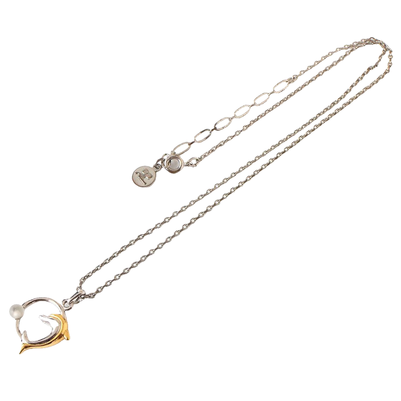 Courreges Necklace Silver Dolphin Pendant Two-Tone Gold Accent AC Logo Vintage