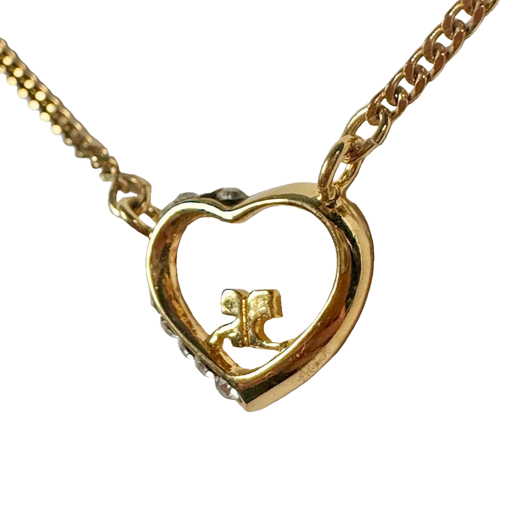 Courreges Necklace Gold Heart Pendant Rhinestone Logo Chain Vintage