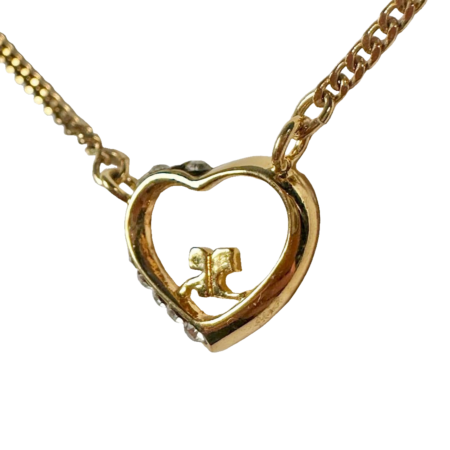 Courreges Necklace Gold Heart Pendant Rhinestone Logo Chain Vintage