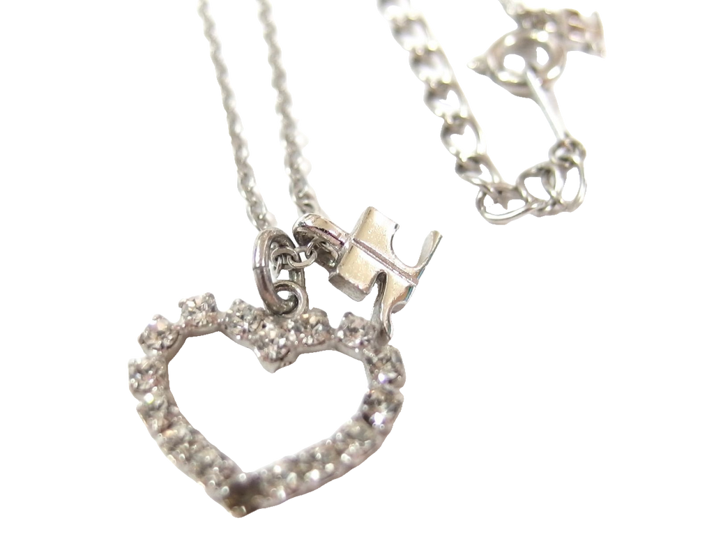 Courreges Necklace Silver Heart Rhinestone Logo Pendant Vintage