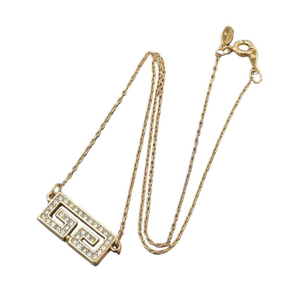 Givenchy Necklace Gold Greek Key Rhinestone Geometric Vintage Pendant