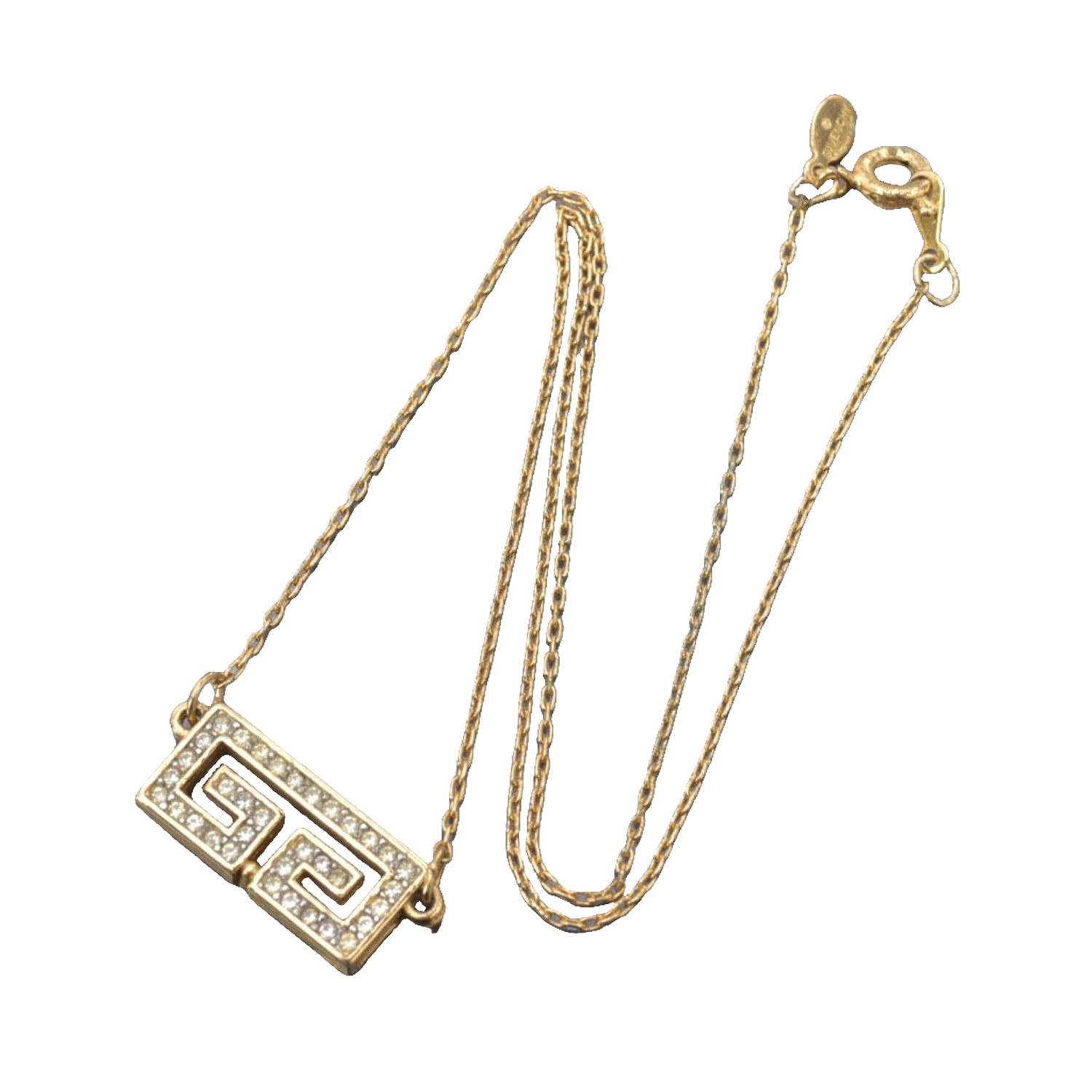 Givenchy Necklace Gold Greek Key Rhinestone Geometric Vintage Pendant