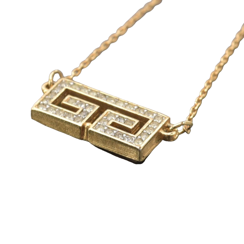 Givenchy Necklace Gold Greek Key Rhinestone Geometric Vintage Pendant