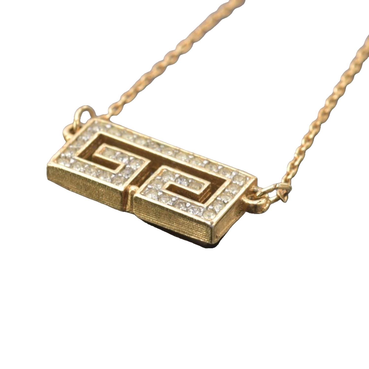 Givenchy Necklace Gold Greek Key Rhinestone Geometric Vintage Pendant