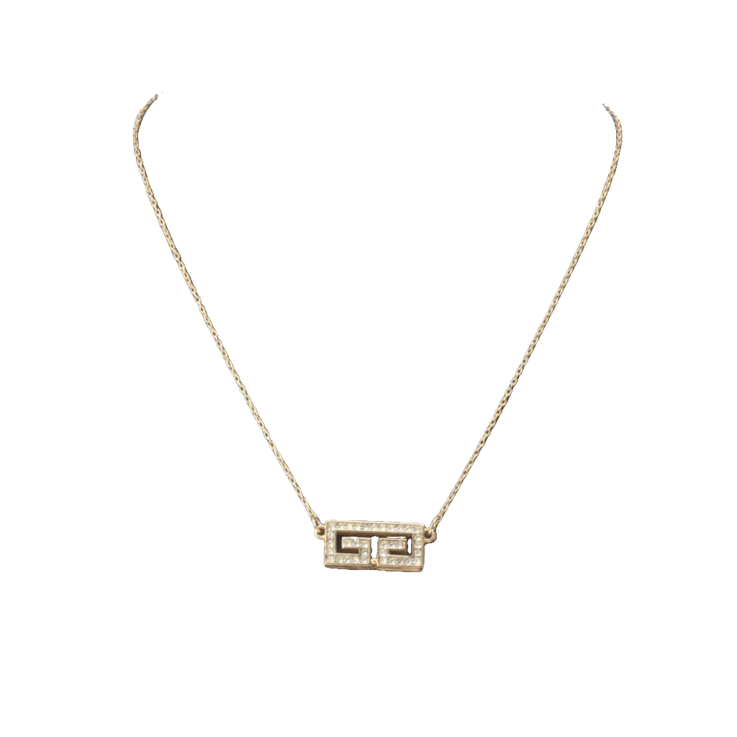 Givenchy Necklace Gold Greek Key Rhinestone Geometric Vintage Pendant