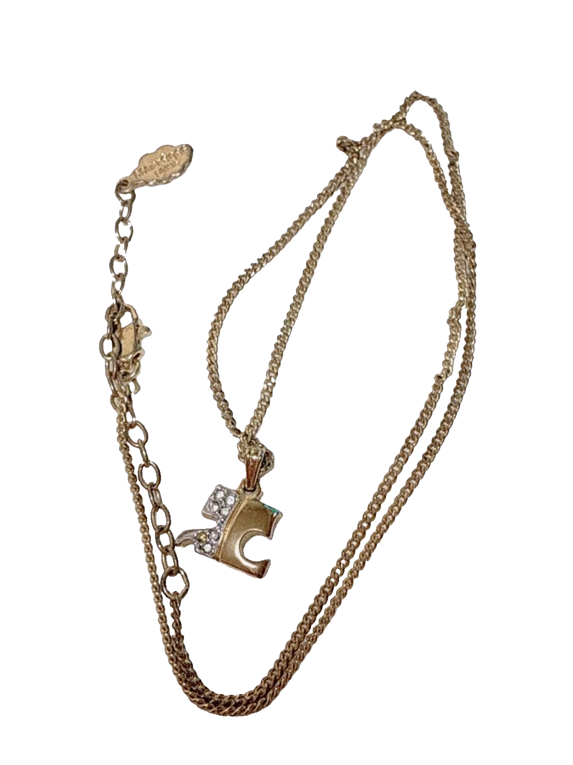 Courrèges Necklace Gold Silver Rhinestone AC Logo Pendant Vintage Adjustable