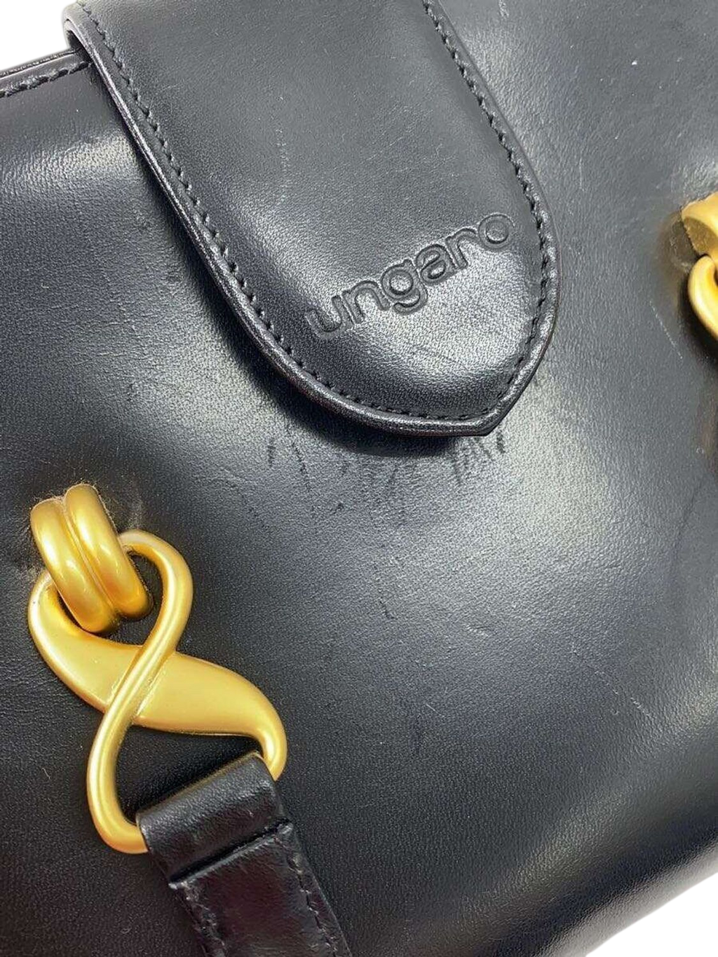 UNGARO Black Leather Top Handle Handbag with Gold Details