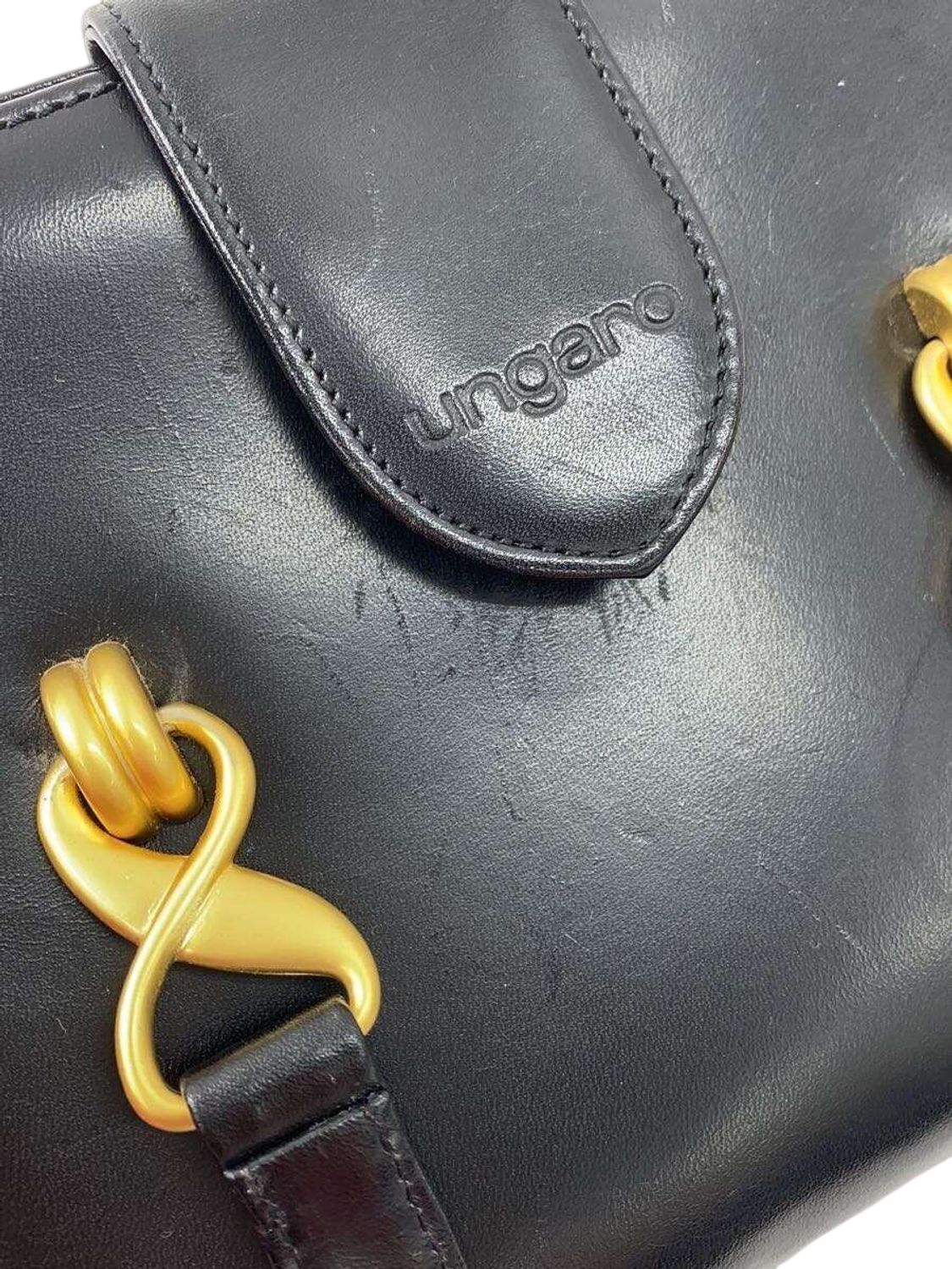 UNGARO Black Leather Top Handle Handbag with Gold Details