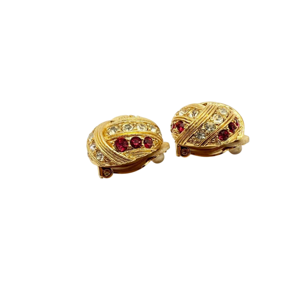 Monet Gold Tone Clip-On Earrings with Red and Clear Rhinestones