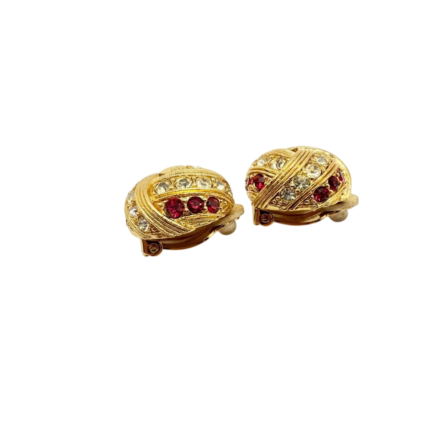 Monet Gold Tone Clip-On Earrings with Red and Clear Rhinestones