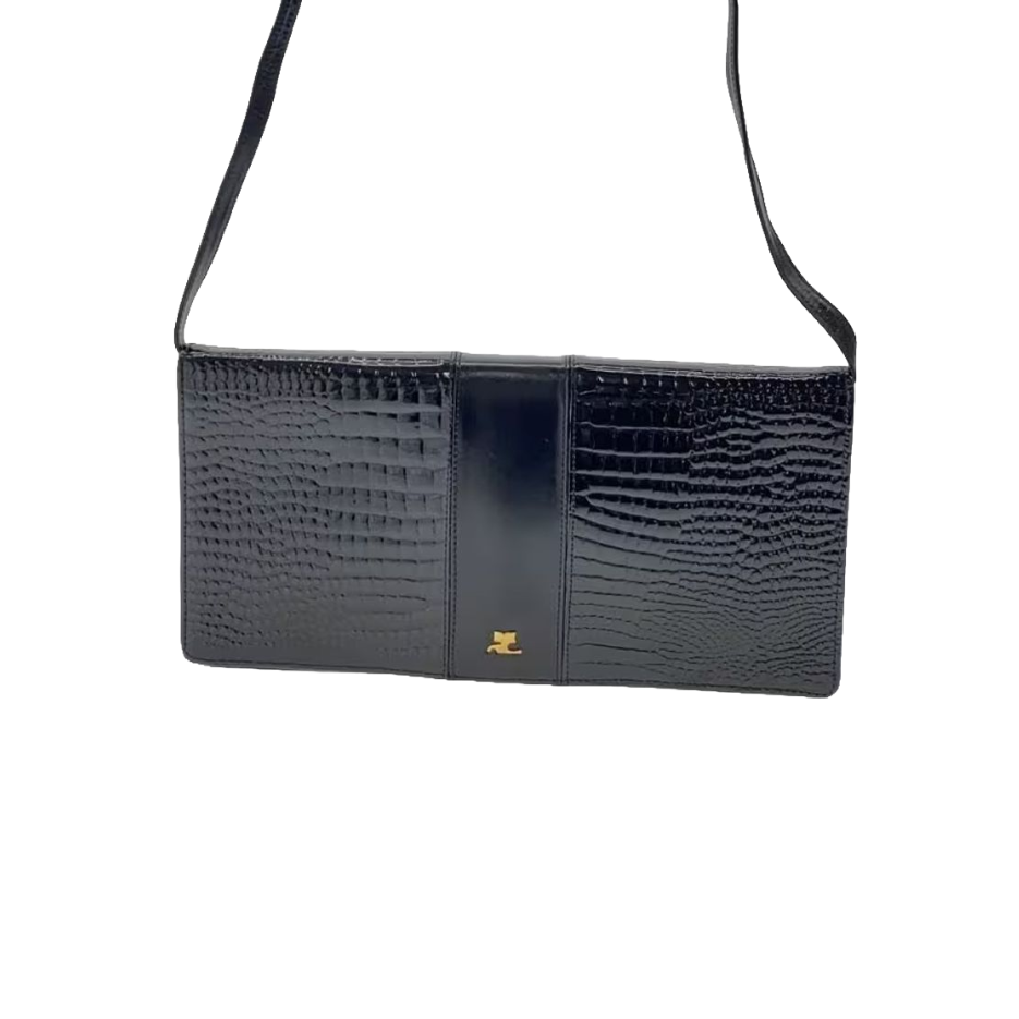 COURRÈGES Pochette bandoulière cuir effet croco noir logo doré
