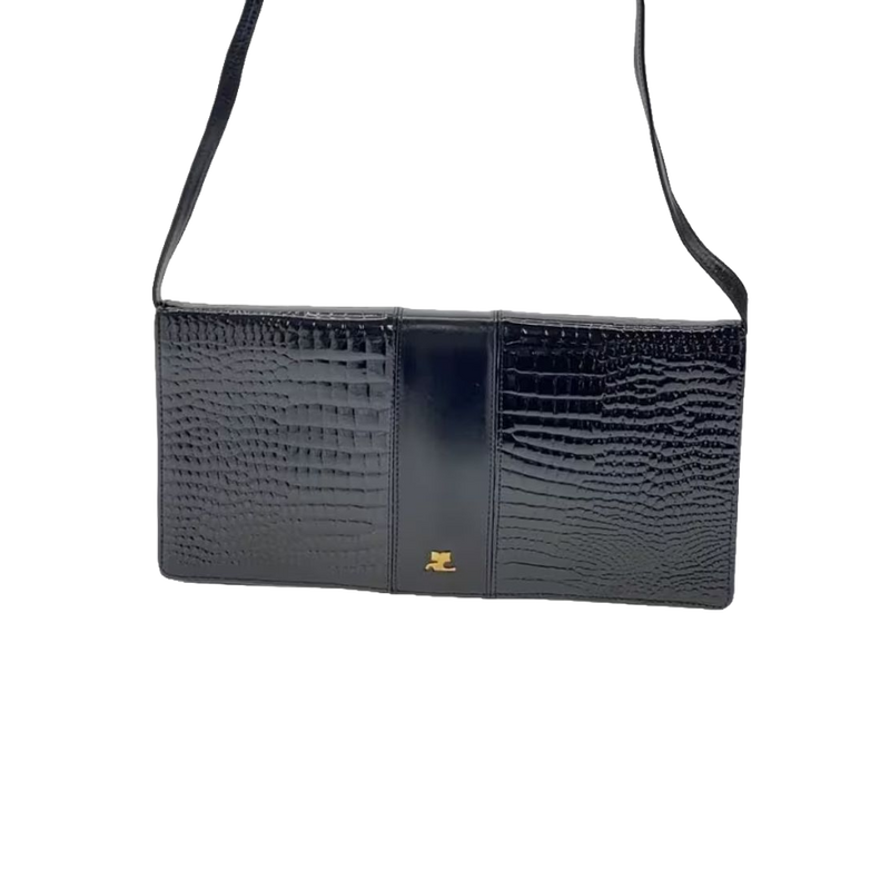 COURRÈGES Pochette bandoulière cuir effet croco noir logo doré