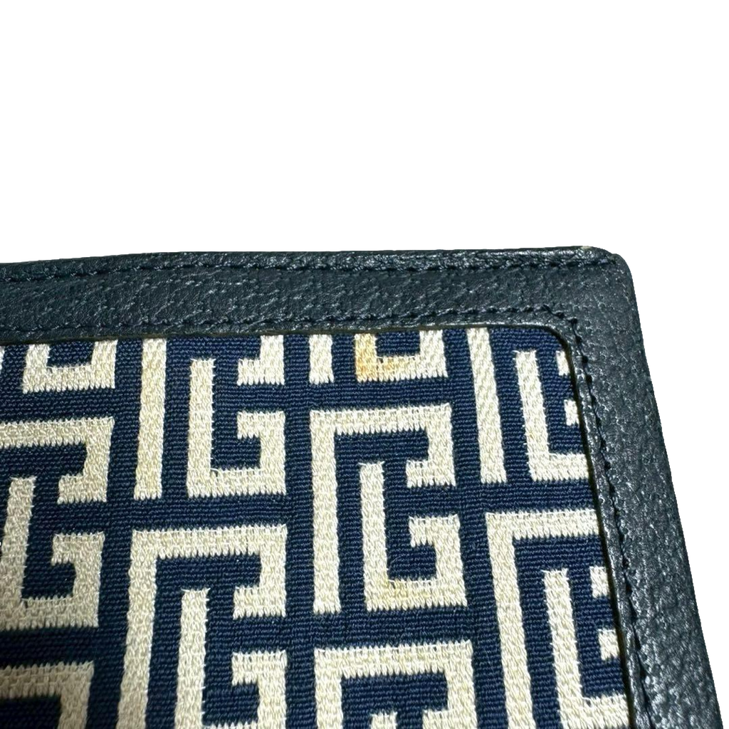 Pierre Balmain Portefeuille bleu marine en toile monogrammée, style vintage, à deux volets, fabriqué au Japon