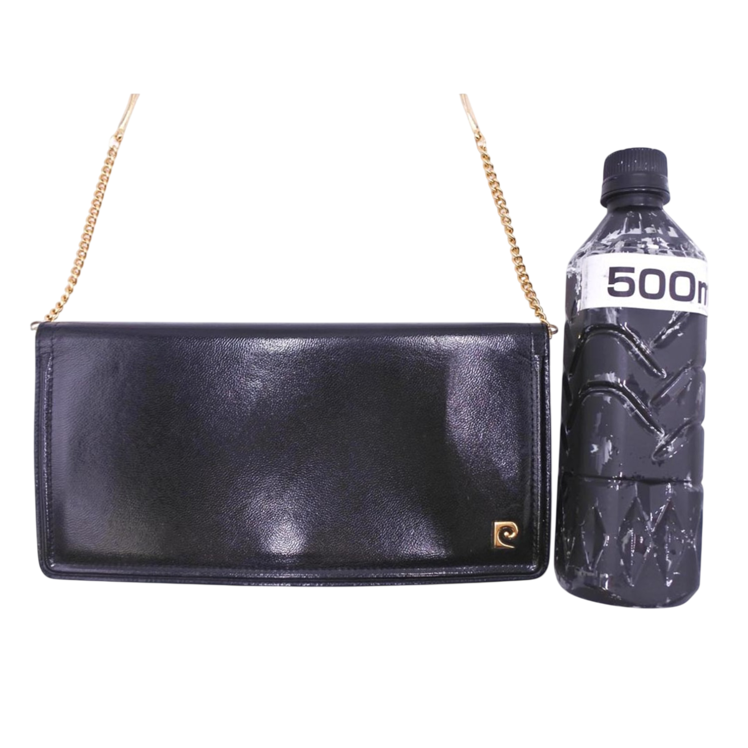 PIERRE CARDIN Pochette soirée cuir noir lisse chaîne dorée logo PC