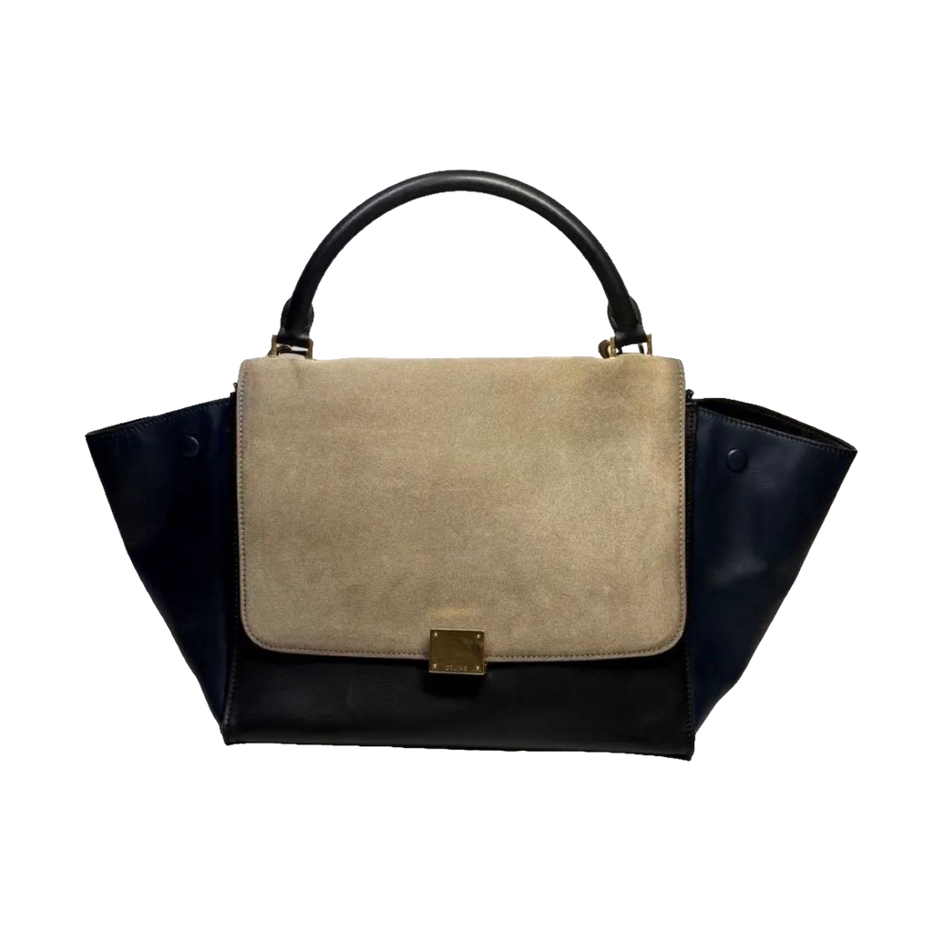 Celine Handbag Medium Black Blue Beige Trapeze Tri-Color Leather Suede