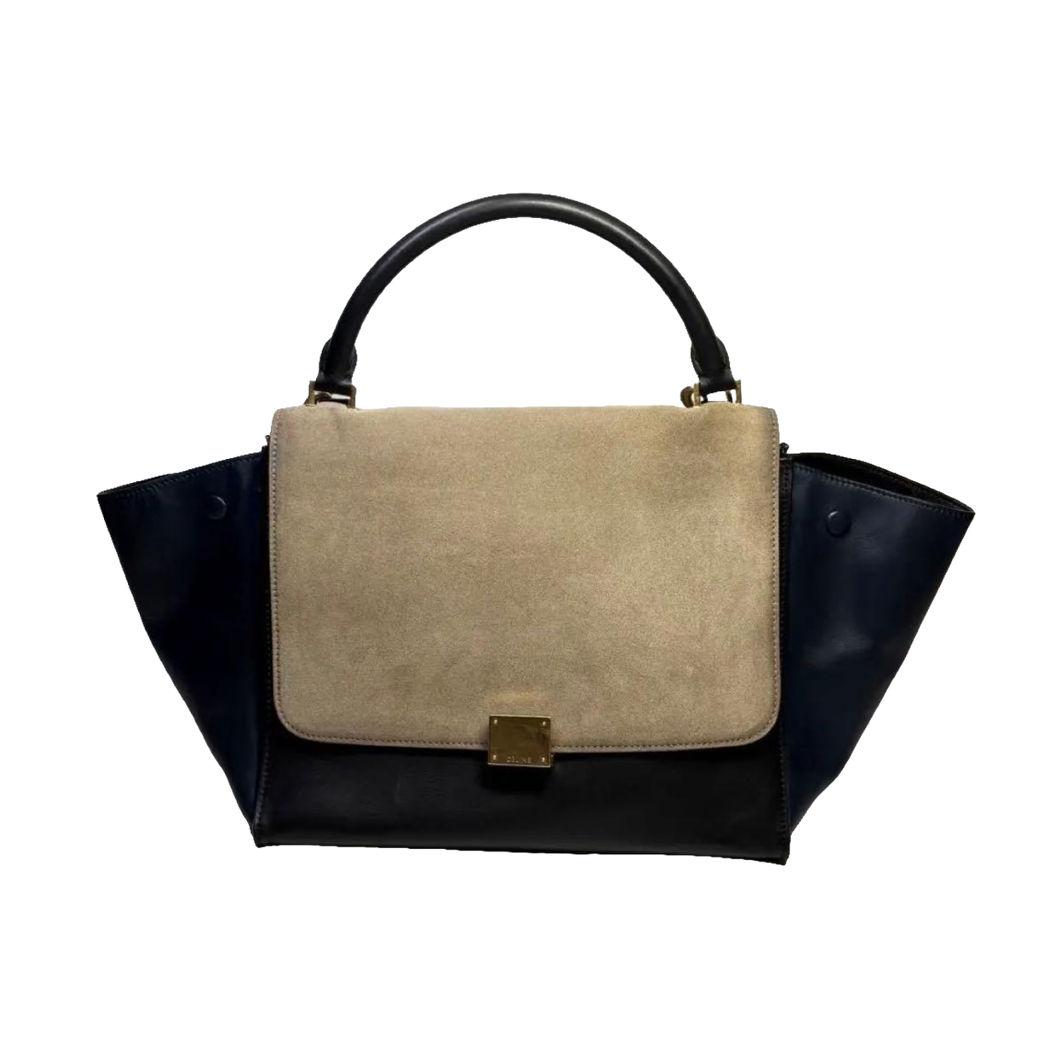 Celine Handbag Medium Black Blue Beige Trapeze Tri-Color Leather Suede