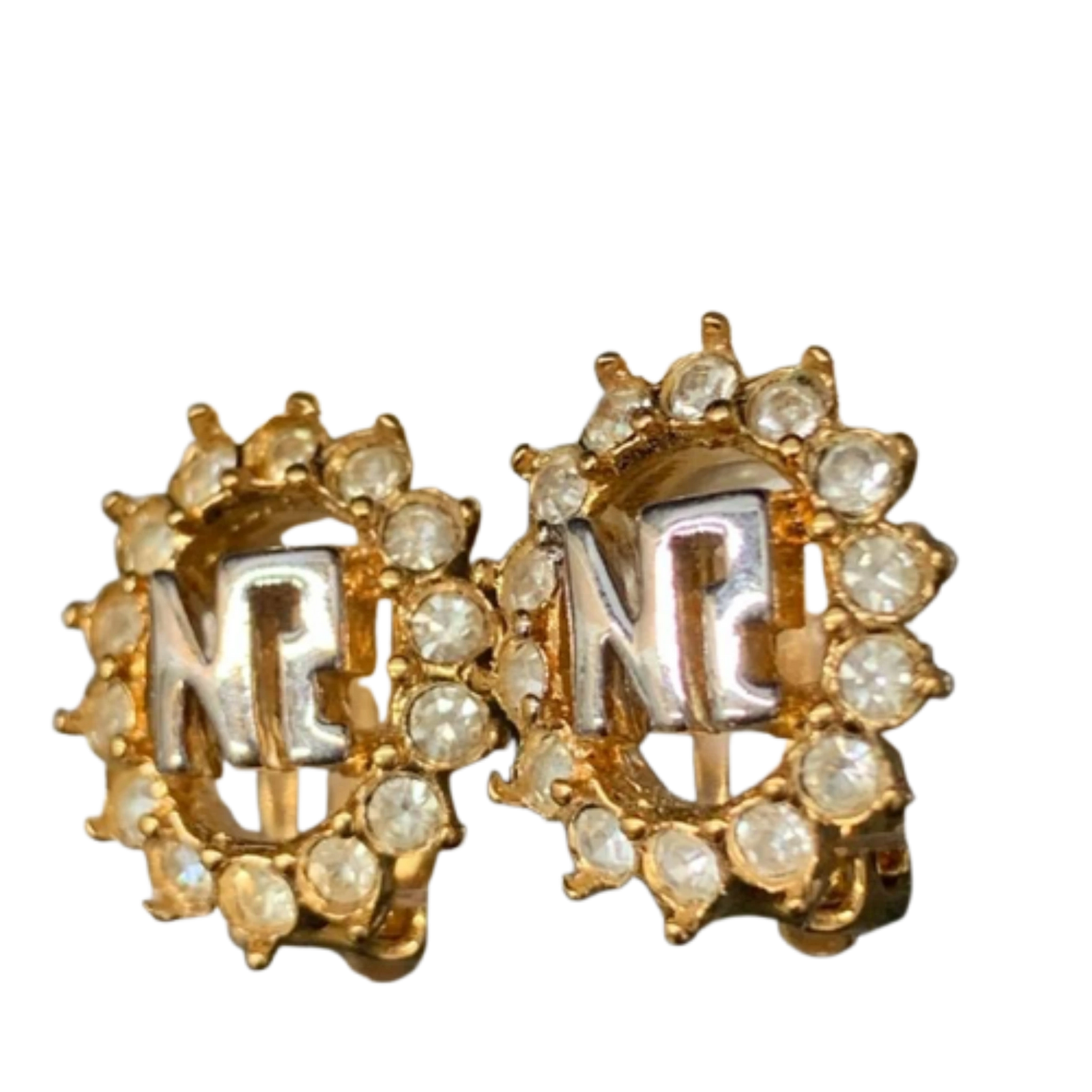 NINA RICCI Boucles d'oreilles en excellent état ornées du logo NR et de strass