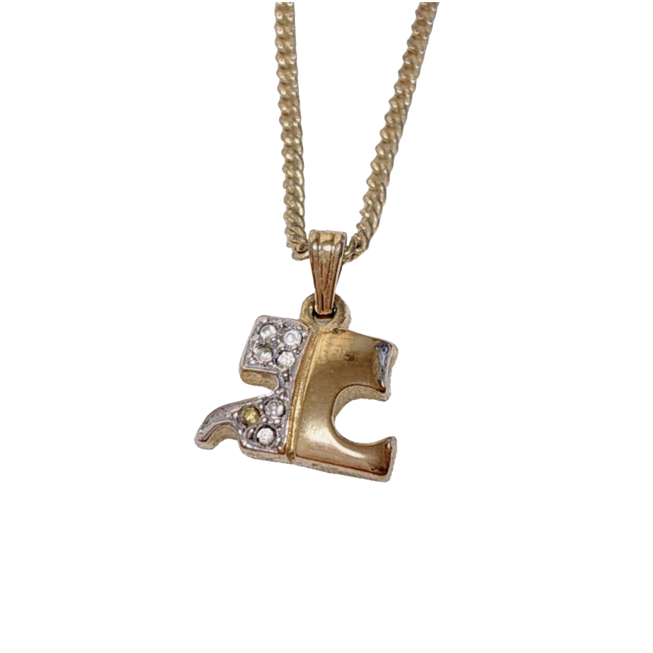 Courrèges Necklace Gold Silver Rhinestone AC Logo Pendant Vintage Adjustable