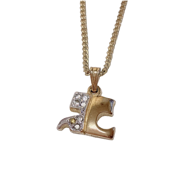 Courrèges Necklace Gold Silver Rhinestone AC Logo Pendant Vintage Adjustable