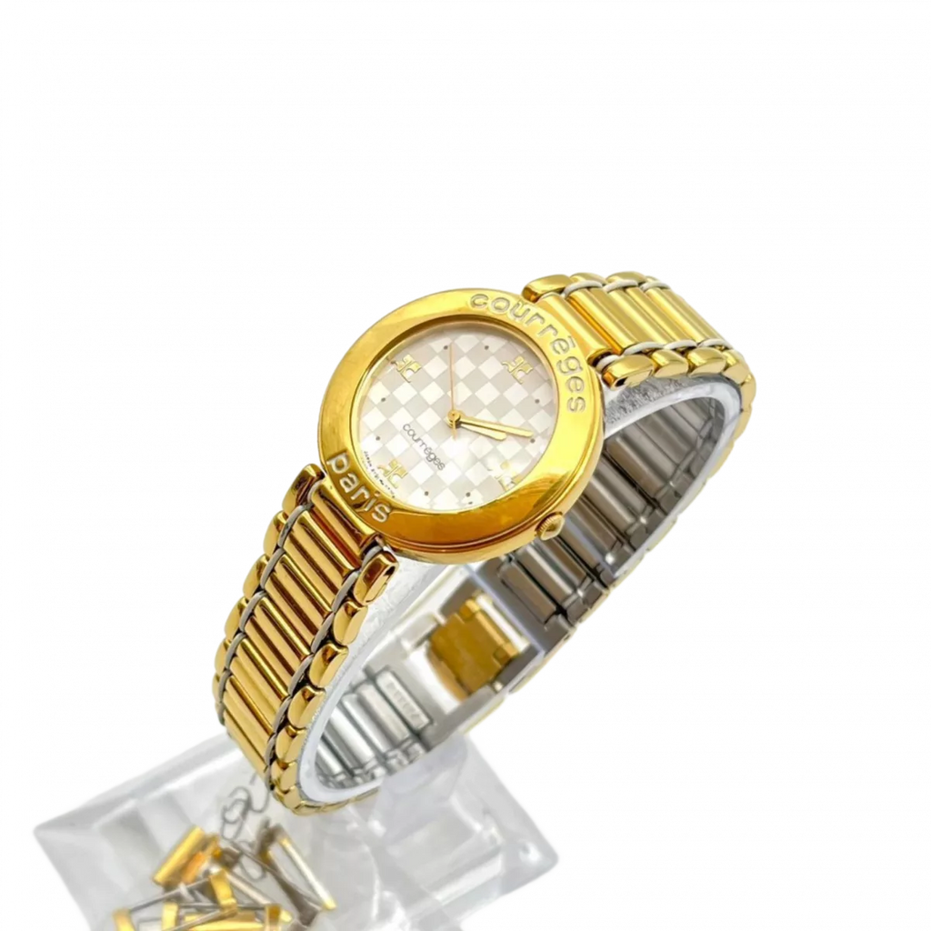 COURRÈGES Montre cadrant echec bicolor or et argent femme