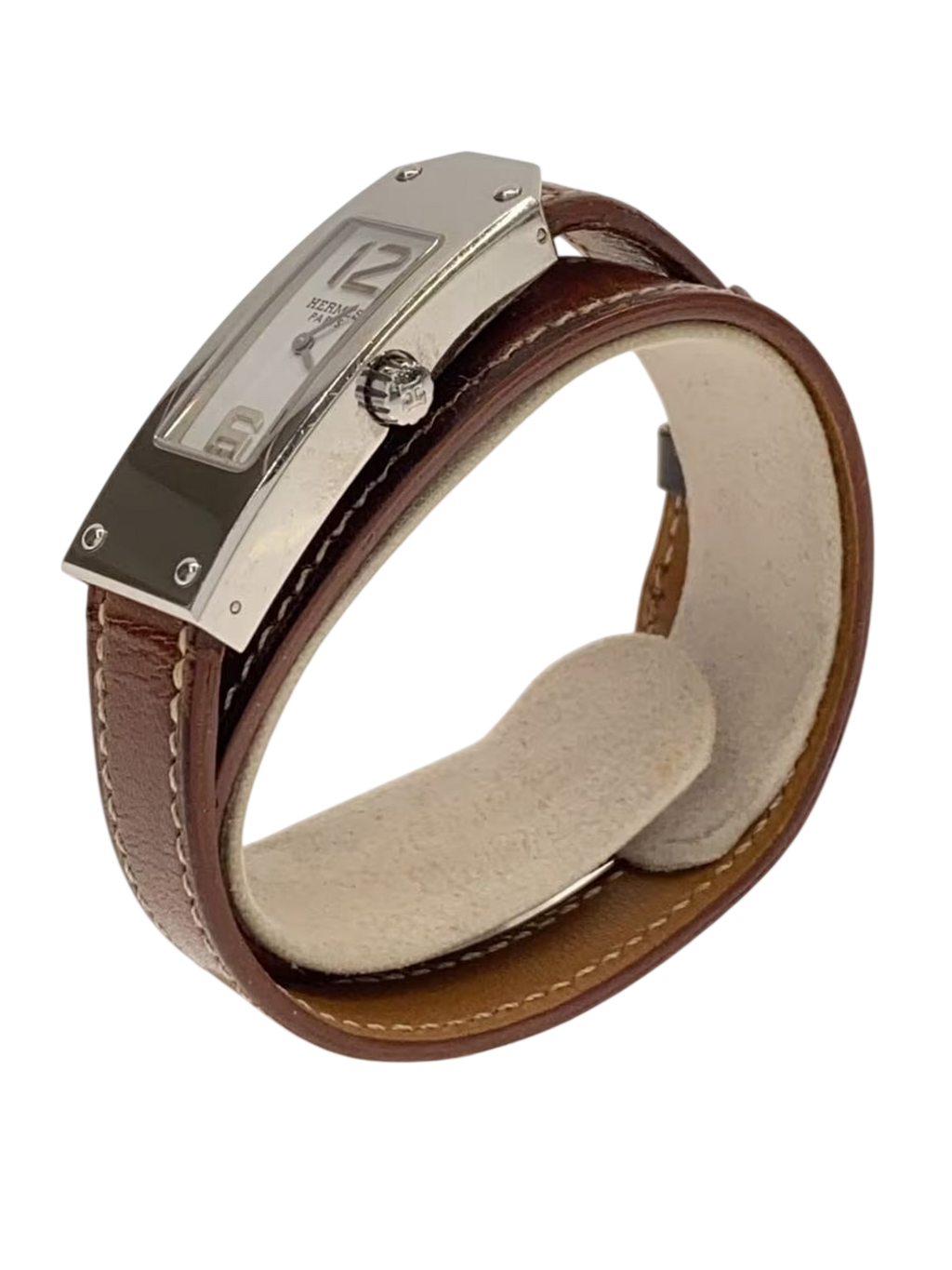 HERMÈS Paris Montre Kelly II acier cadran blanc chiffres arabes double tour cuir marron