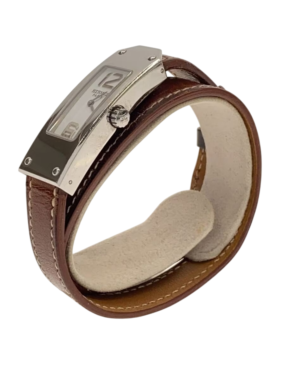 HERMÈS Paris Montre Kelly II acier cadran blanc chiffres arabes double tour cuir marron