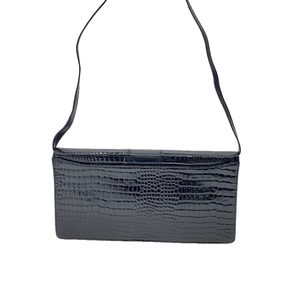 COURRÈGES Pochette bandoulière cuir effet croco noir logo doré