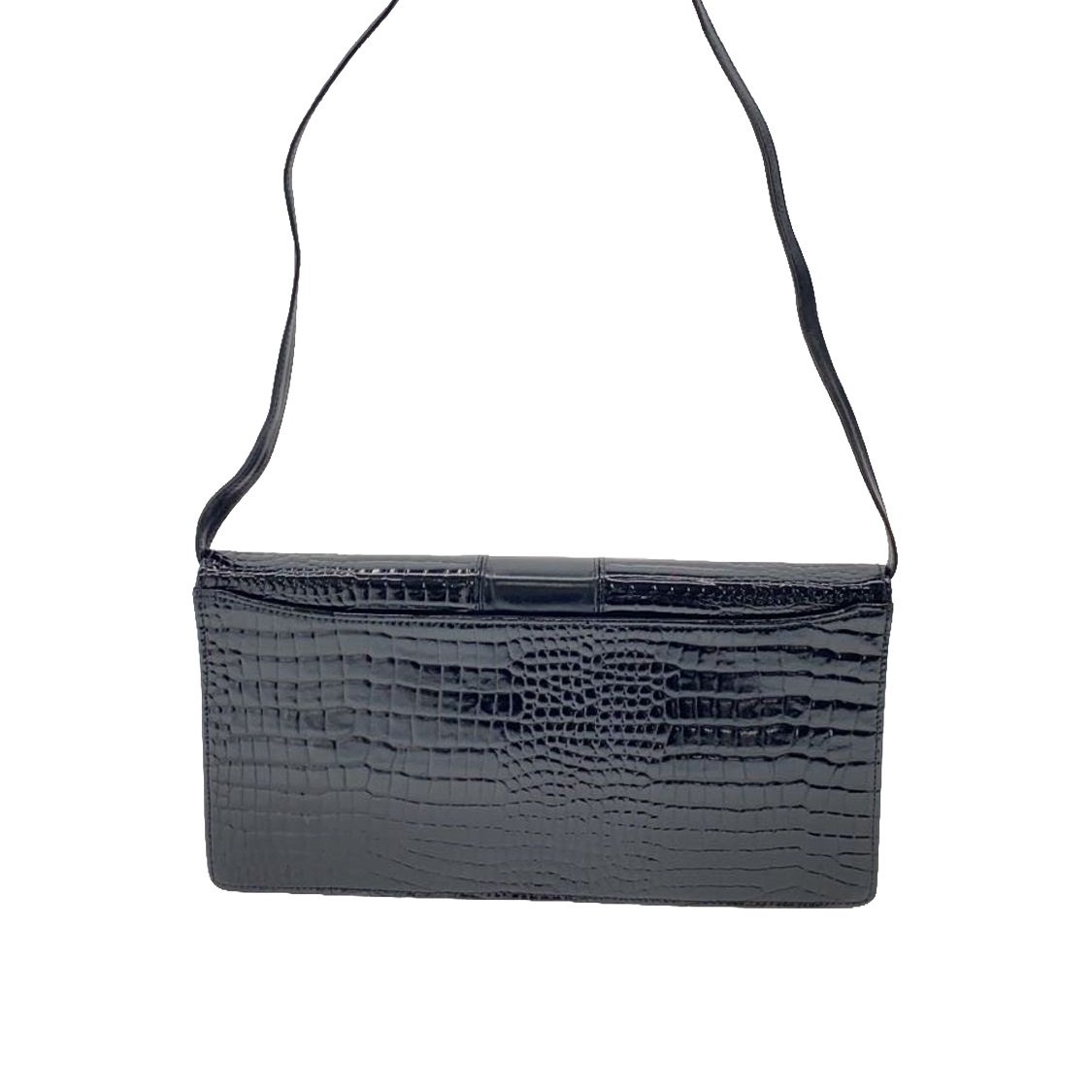 COURRÈGES Pochette bandoulière cuir effet croco noir logo doré