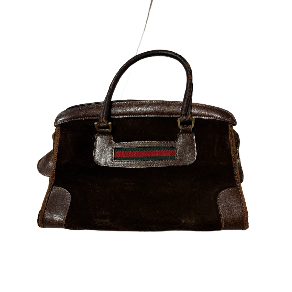 GUCCI Sac mini voyage daim marron Gucci détail bande web vert/rouge