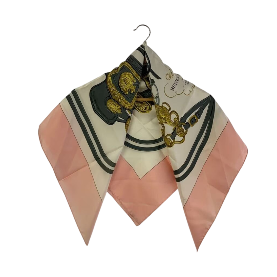 HERMÈS Paris Carré de soie 90x90 Brides de Gala rose saumon fond blanc