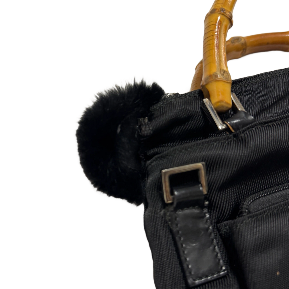 GUCCI Sac nylon noir bambou Gucci & pompon fourrure