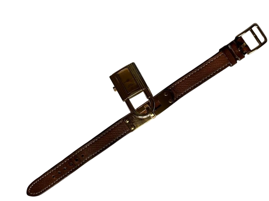 HERMES Kelly Lock Gold-Tone Brown Leather Swiss Made Watch