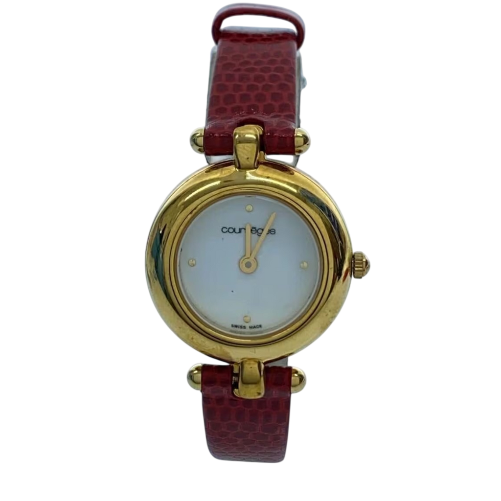 COURRÈGES Montre femme cadran blanc boîtier or bracelet cuir rouge lézard Swiss Made