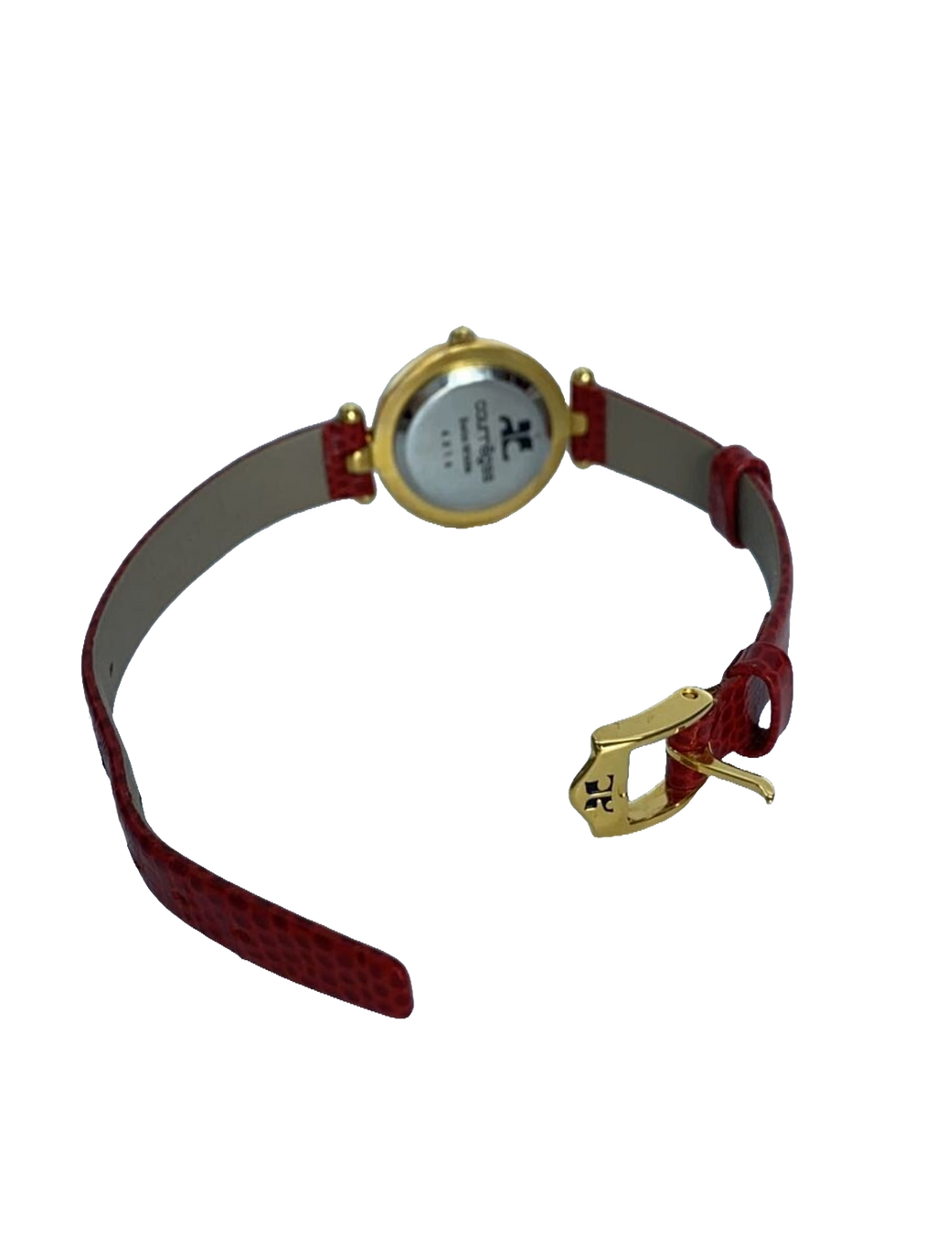 COURRÈGES Montre femme cadran blanc boîtier or bracelet cuir rouge lézard Swiss Made