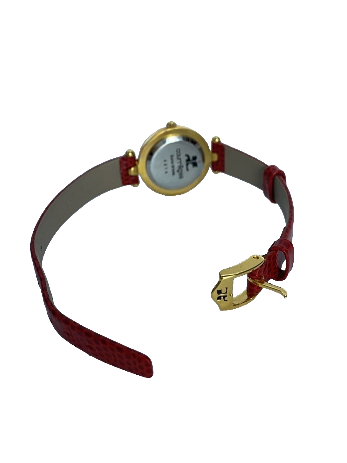 COURRÈGES Montre femme cadran blanc boîtier or bracelet cuir rouge lézard Swiss Made