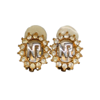 Nina Ricci Earrings Gold Silver NR Monogram Vintage Rhinestone Clip-On